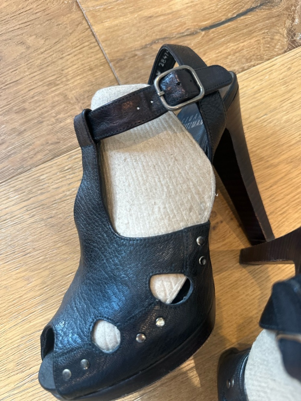 Stuart Weitzman Black Leather Peep Toe Platform Heel Cutout Studded | Size 6 - Picture 6 of 7